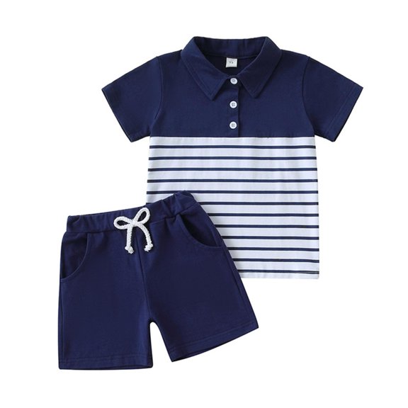 Afuyipoi ​Toddler Boy Striped Outfit Set(2-5 Years)Short Sleeve Polo Collar T-Shirt & Drawstring Shorts 2-Piece Summer Clothes Blue 2T