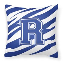 Letter R Initial Tiger Stripe Blue and White Fabric Decorative Pillow