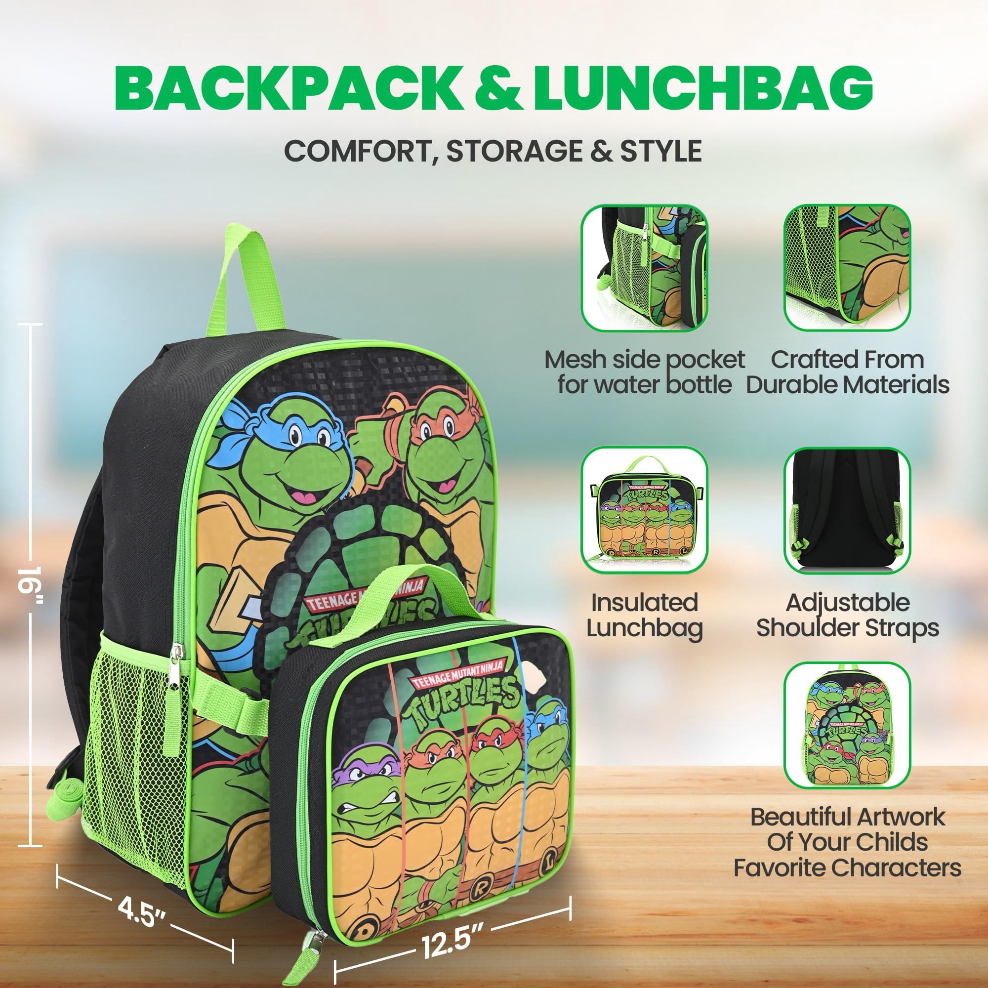 Fast Forward Teenage Mutant Ninja Turtles 16" Backpacks With Lunch Bag - Licensed Characters Kids Schoolbag