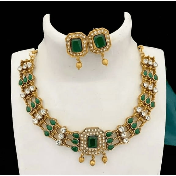 Traditional Green Stone & Kundan Choker Necklace Set with Square Earrings for Women
