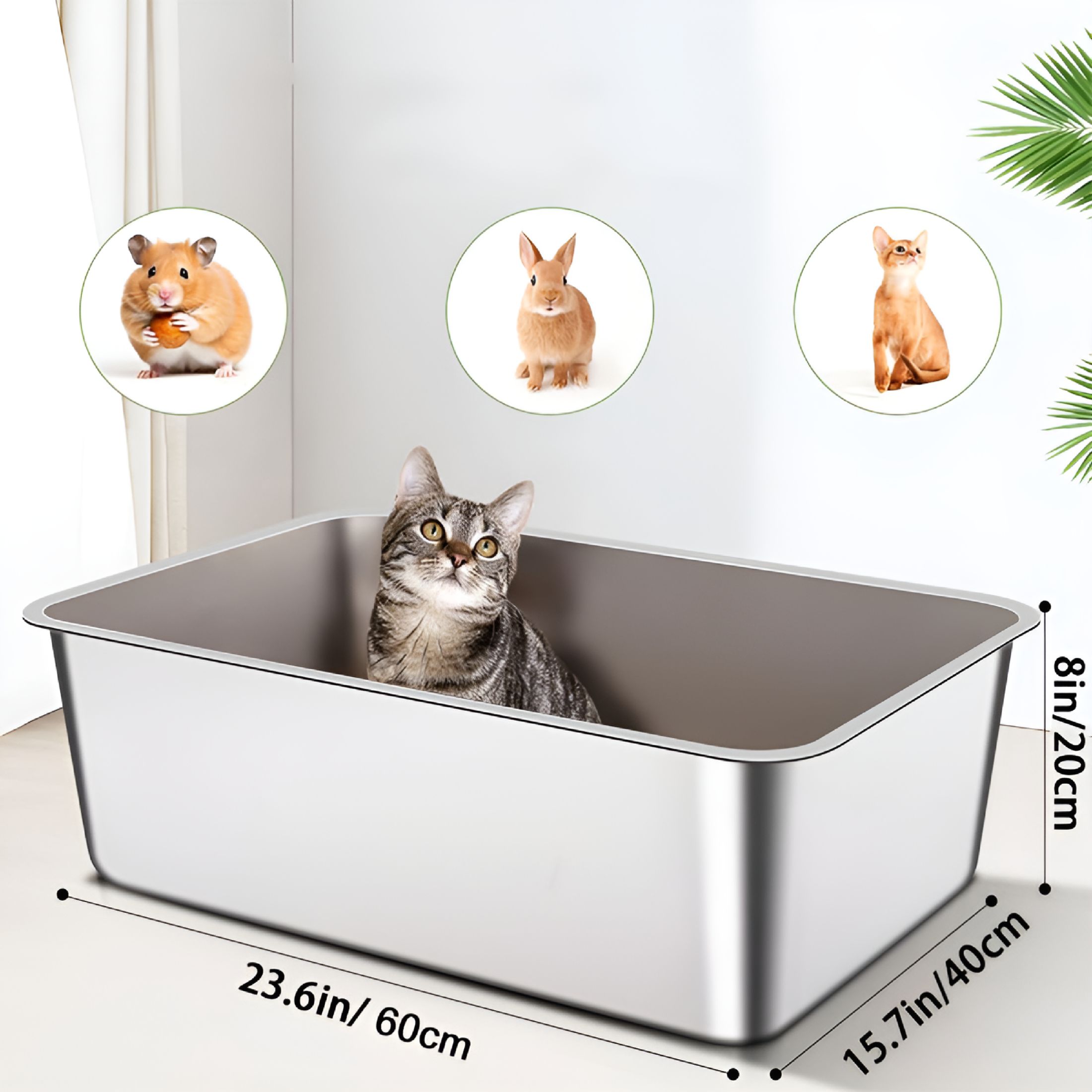 ACDANC 2 Pack - Stainless Steel Litter Box for Cat or Rabbit, High Side and Easy to Clean, Rust Proof (17.5" L x 13.6" W x 6" H)