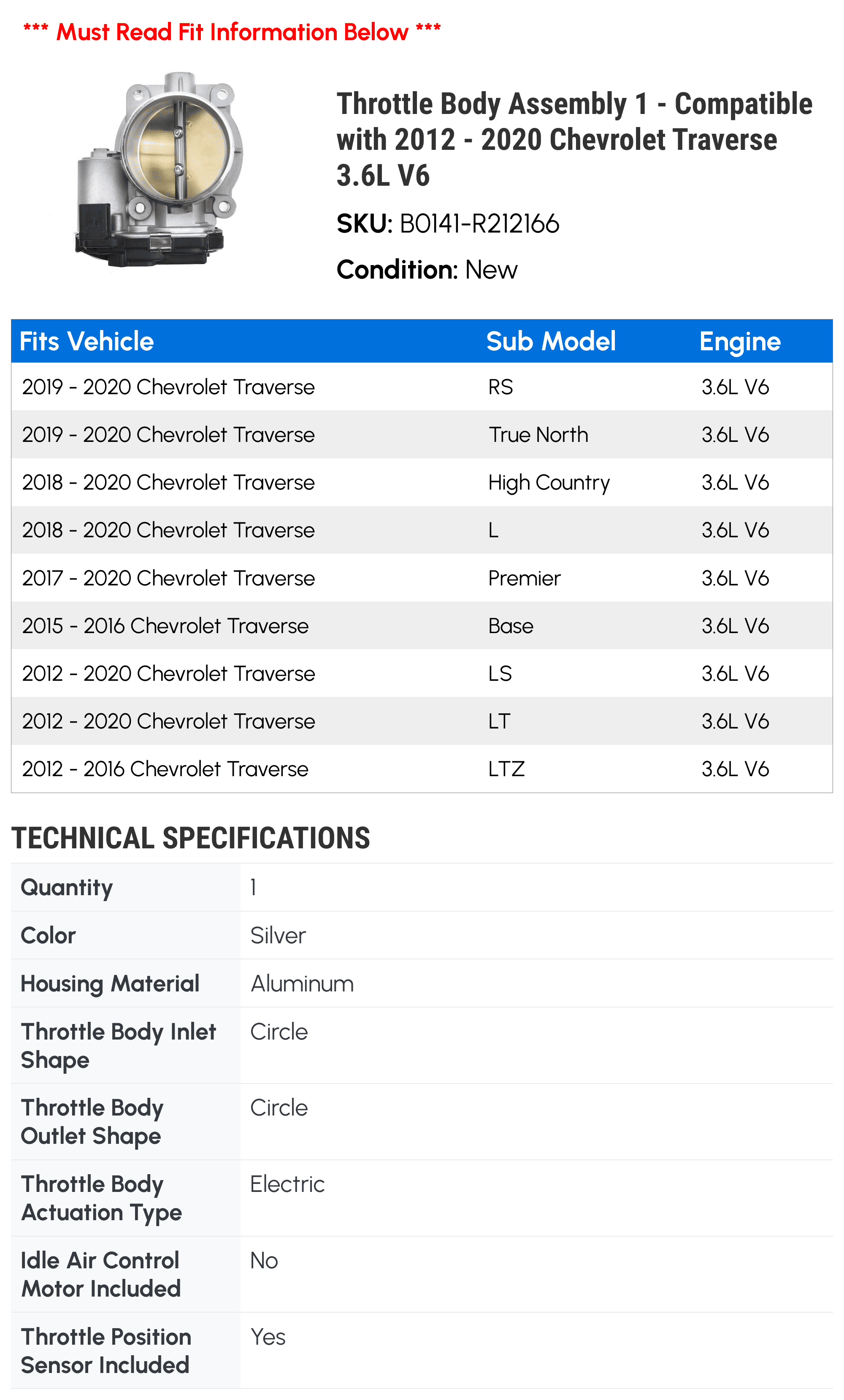 Throttle Body Assembly 1 - Compatible with 2012 - 2020 Chevrolet Traverse 3.6L V6 - Autopart Premium