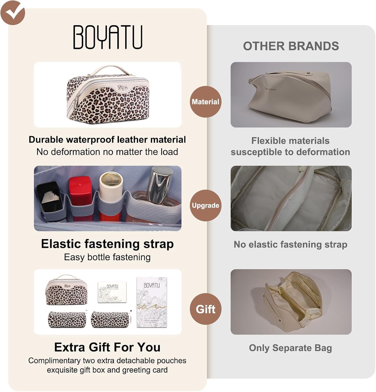 Travel Makeup Bags Organizer for Women: 3 Pcs Set Cosmetic Bag - Large Make up Bag with Compartments - Flat Open Waterproof Leather Toiletry Bags for Skincare, Brushes & Travel Essentials - Beige
