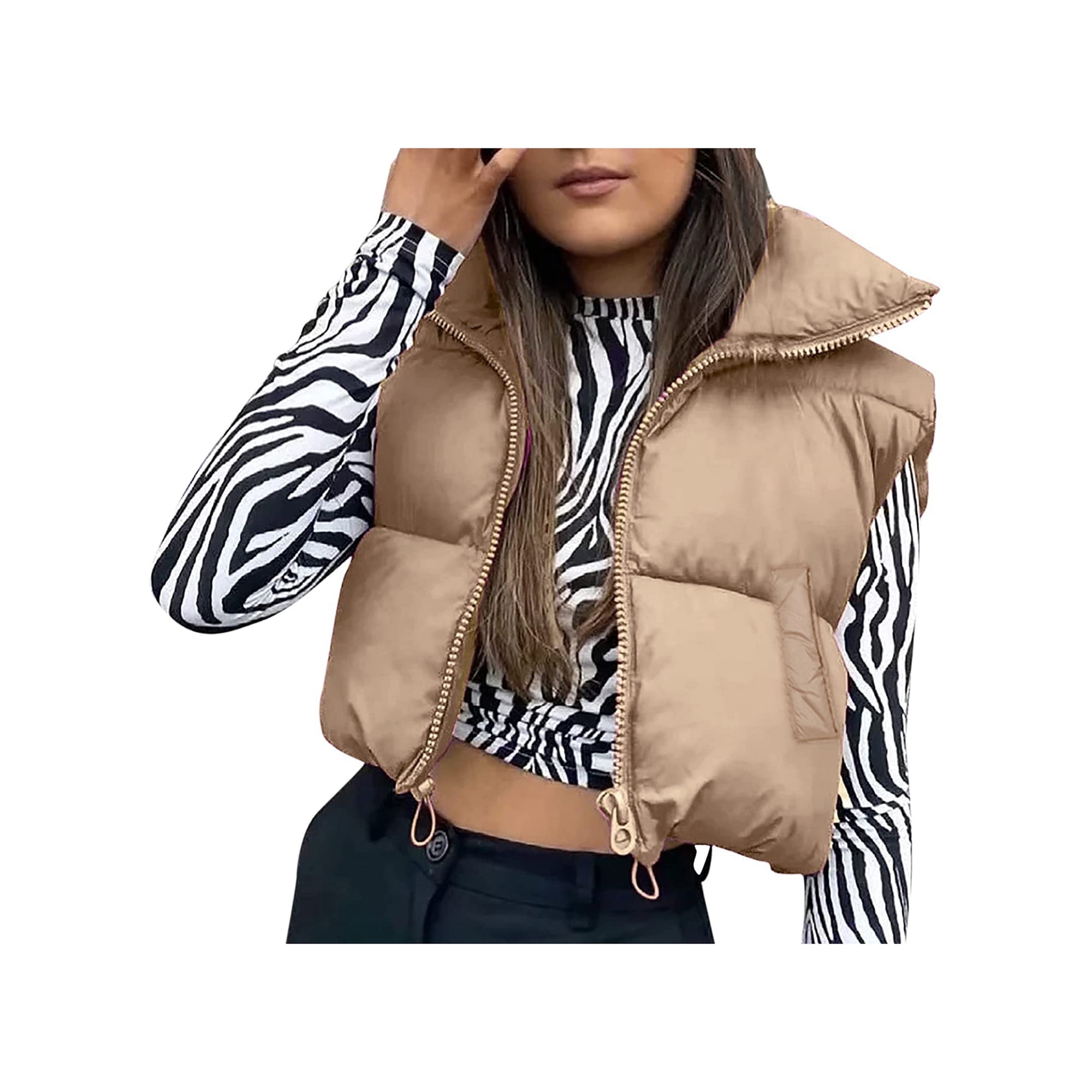 Womens Cropped Puffer Vest Stand Collar Crop Puffy Vest Cotton-Padded  Ladies Coat Fall Winter Warm Jacket 