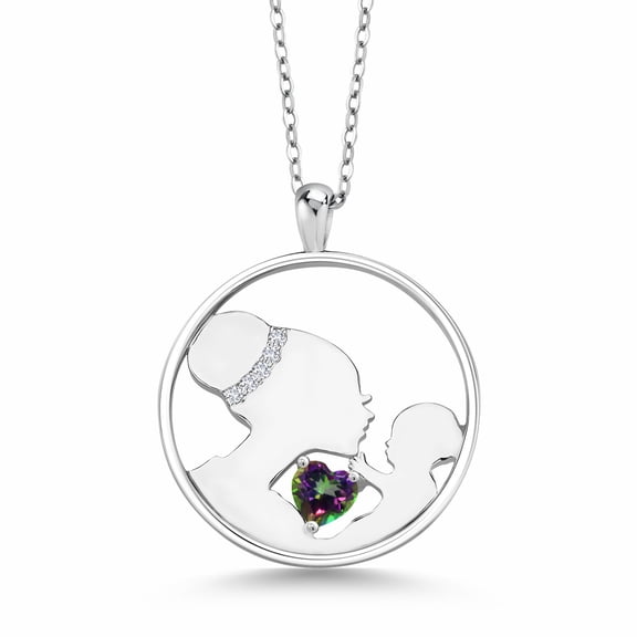 Gem Stone King Keren Hanan Mother`s Affection 0.65 Ct Green Mystic Topaz E-F Lab Grown Diamond 925 Sterling Silver Pendant Necklace for Women with 18 inch Silver Chain