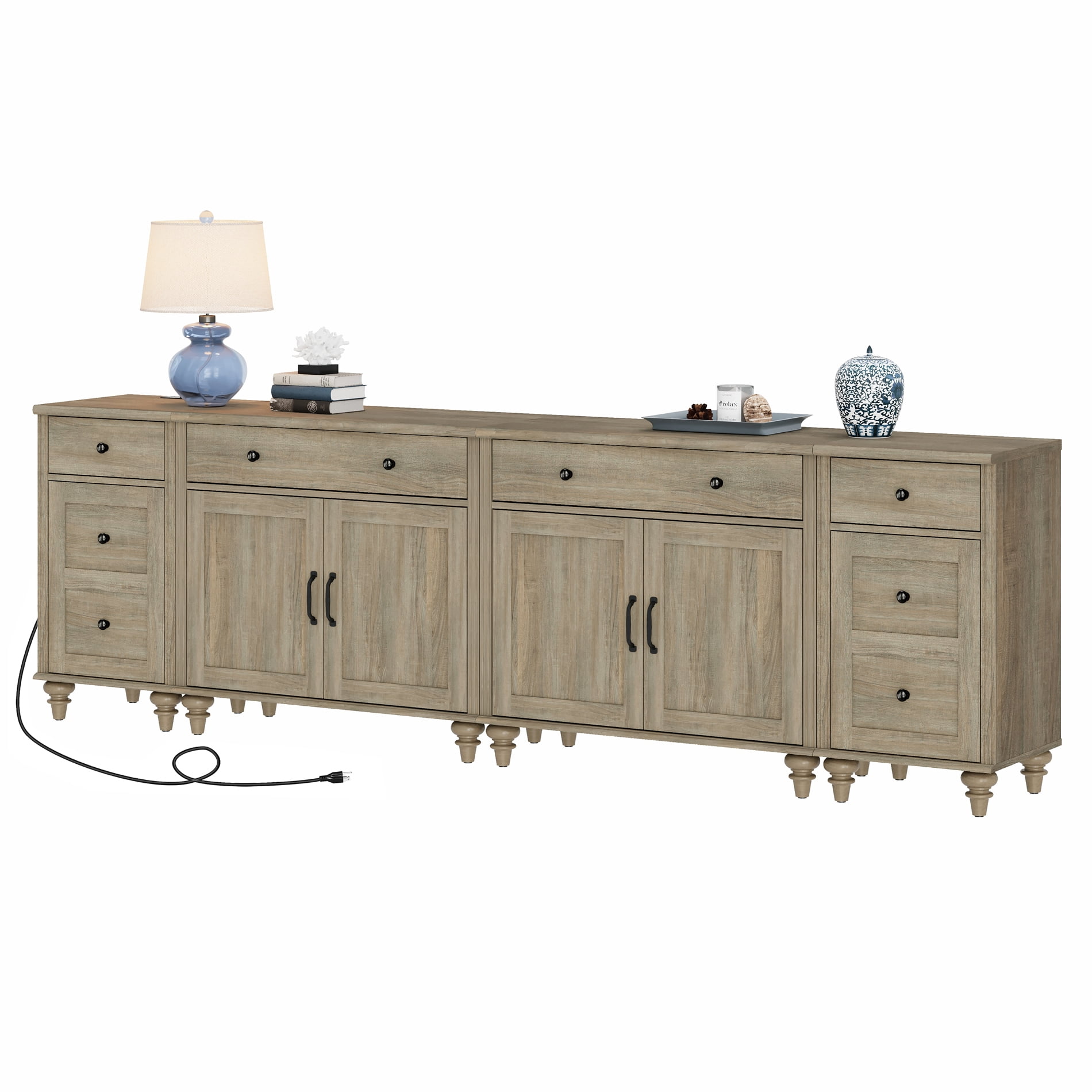 WAMPAT TV Stand for 100 Inch TV, 4-in-1 TV Console Table for 75/80/85/90 Inch TV, Farmhouse Entertainment Center with Charging Station, Kitchen Sideboard Buffet Cabinet for Dining Room, Wash Grey