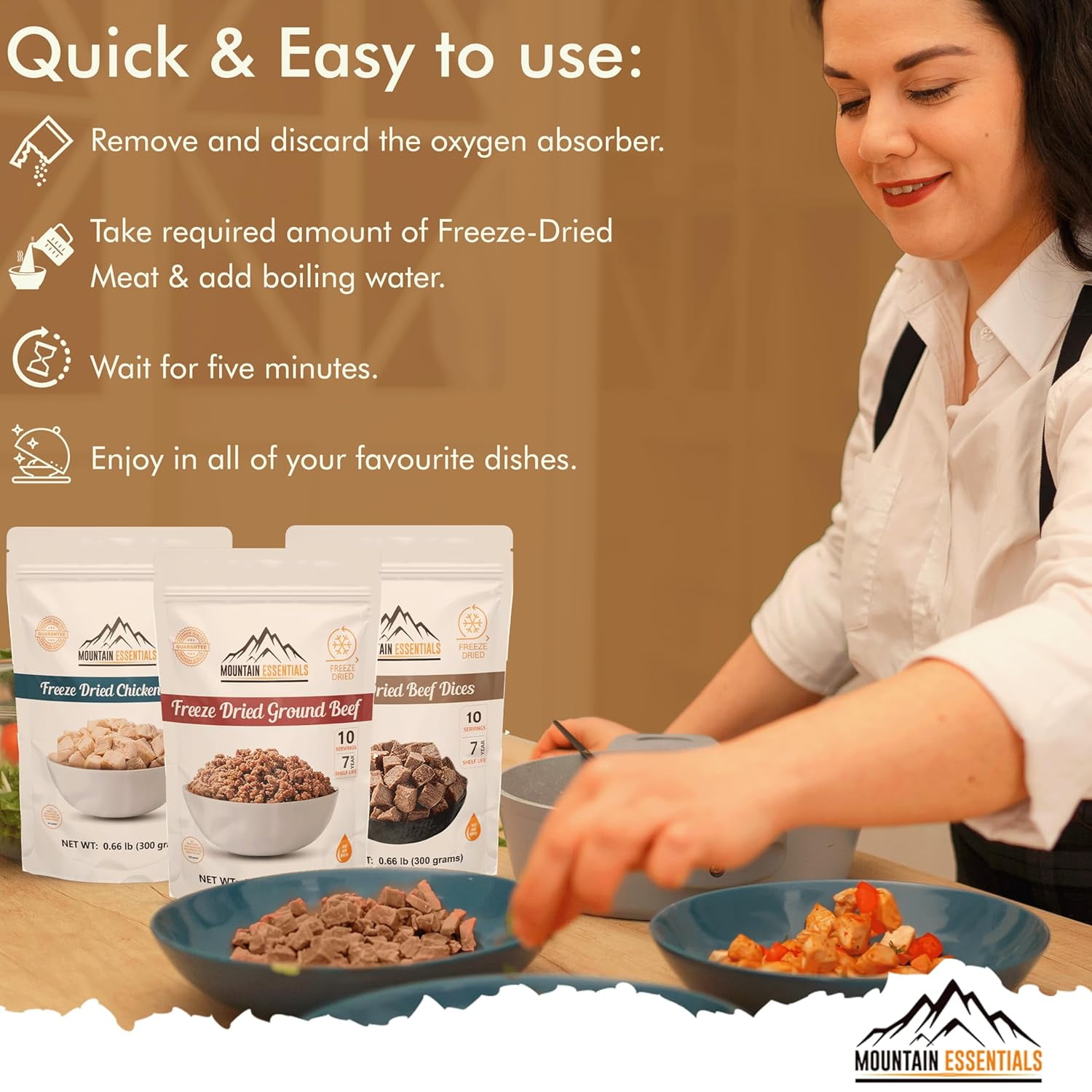 MOUNTAIN ESSENTIALS 120 Servings Freeze Dried Premium Variety Meat Kit | High Protein Intake Contains 2988 Protein Packed Emergency Long Shelf Stable Easy Prep Food For Survival, Camping & Backpacking
