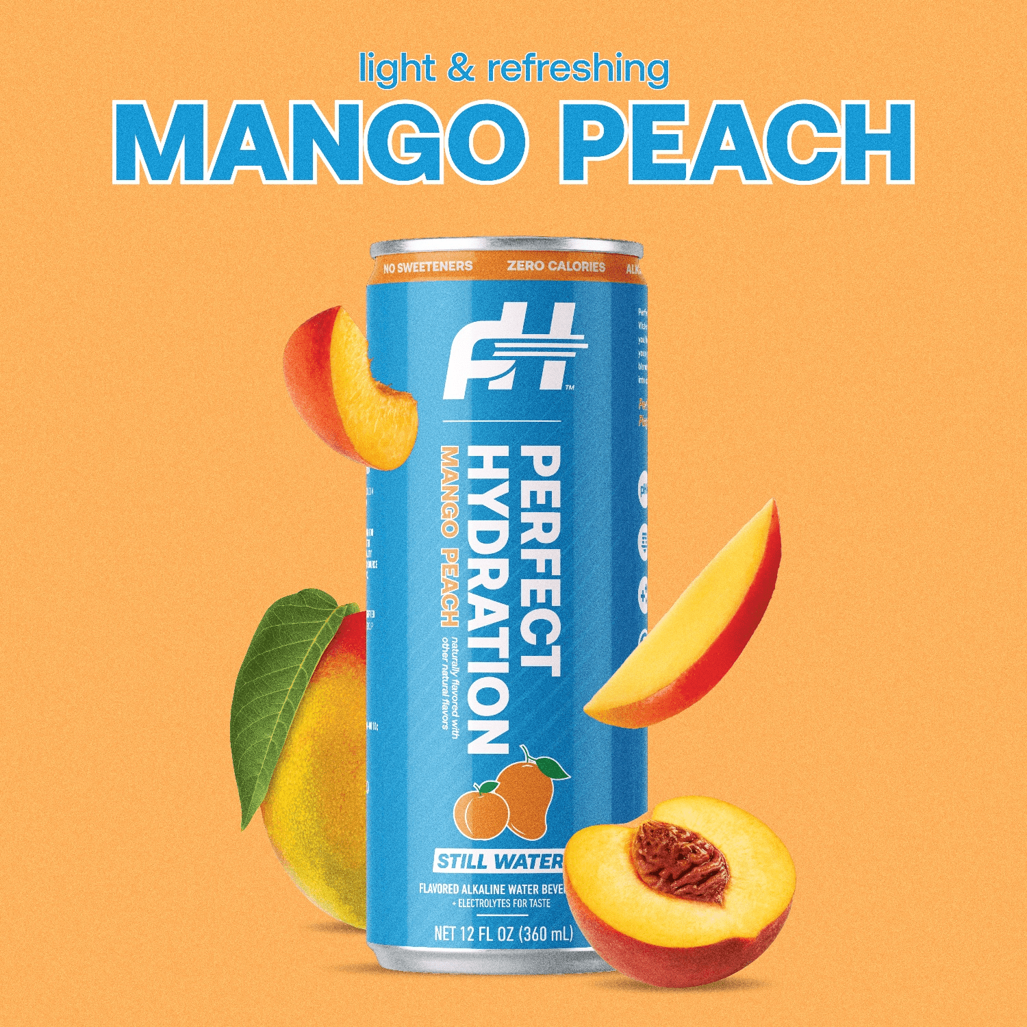 Perfect Hydration Mango Peach Flavored Alkaline Water, 0 Sugar, 0 Calories, 12 oz cans, Pack of 12