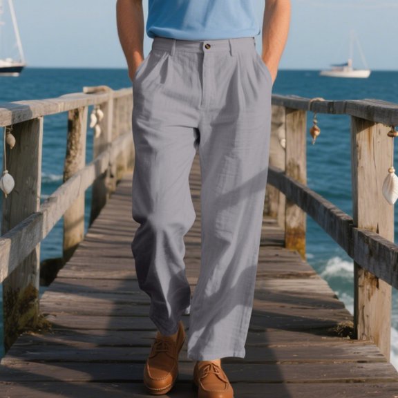 Nestiefly Men's Linen Dress Pants Lightweight Pleated Front Relaxed Fit Business Casual Slacks Trousers Summer Wedding Party Gray L