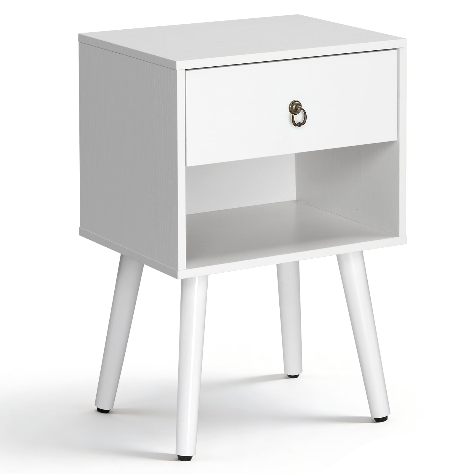 Bedside Table, White P2 Particleboard With Solid Wood Legs, Linen-Textured Melamine Finish, And Ring Pull Handle, 38*30*55cm