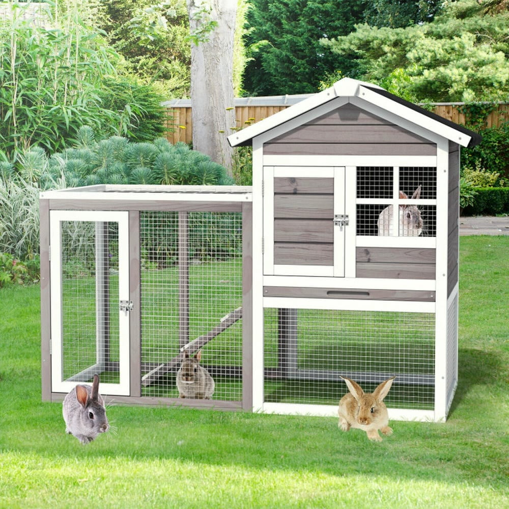 Spaco 2-Story Wooden Rabbit Hutch with Running Area-Gray,Wooden Outdoor Shelter, Weatherproof Pet Home, Ideal for Cats, Rabbits, Bunnies, Guinea Pigs