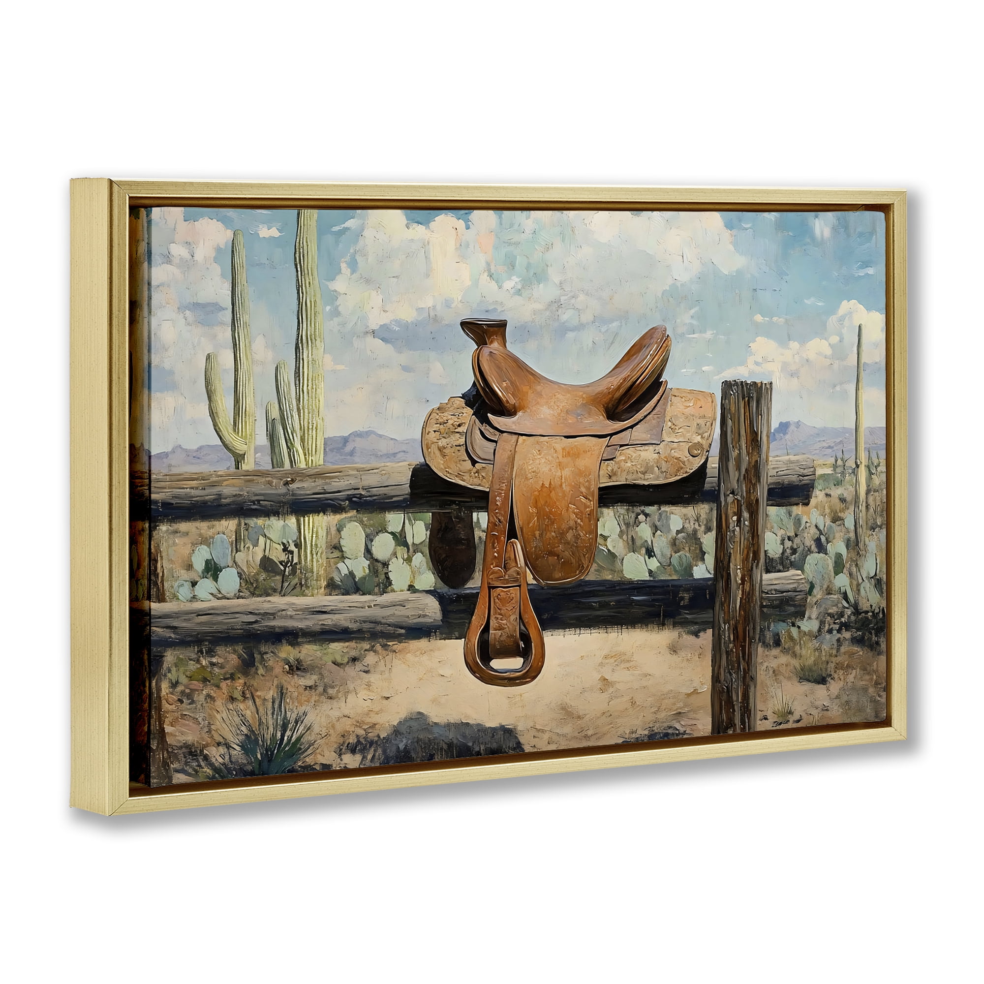 Stupell Industries Saddle on Desert Fence Gold Framed Floater Canvas Wall Art, design by Franklyn Gregory