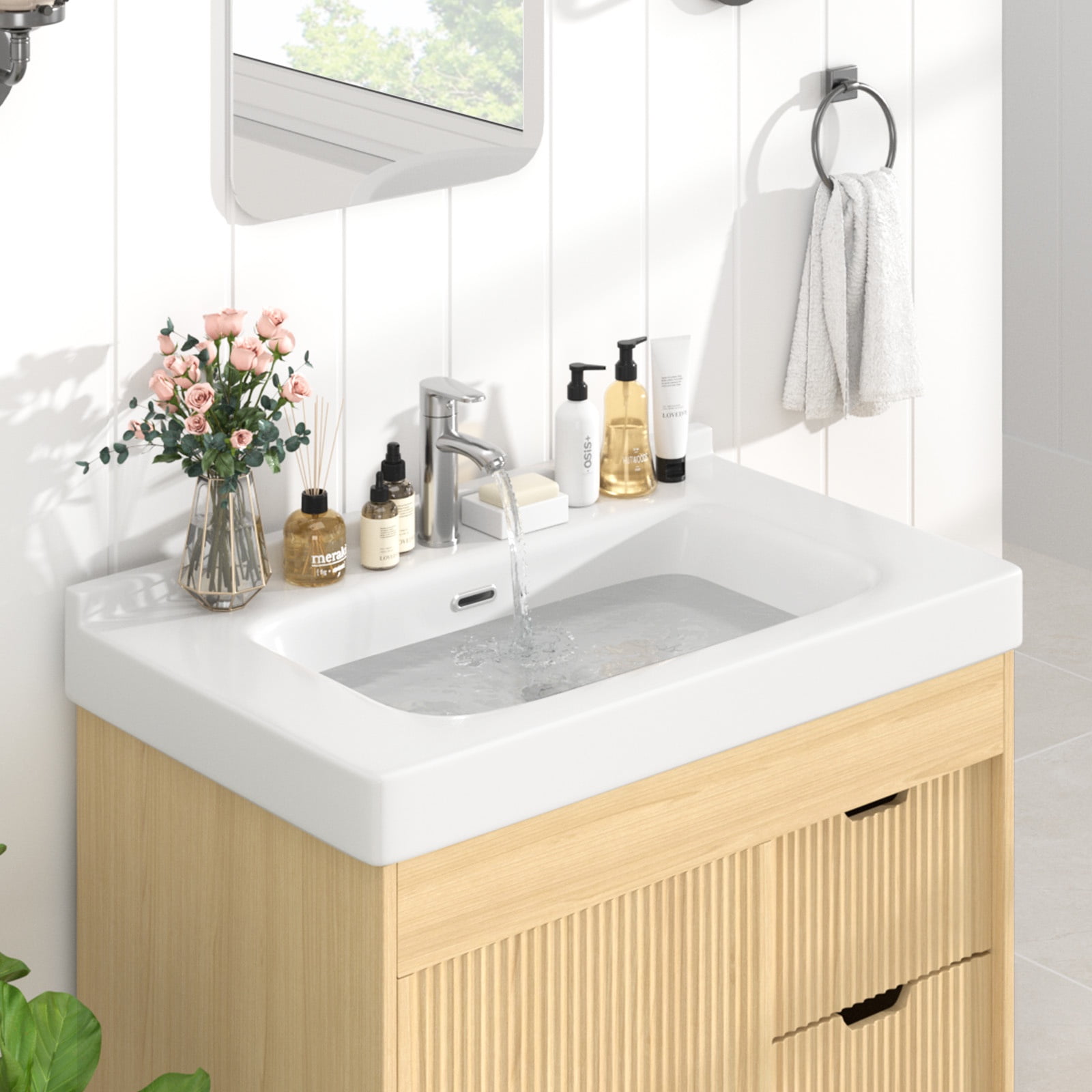 PPorfamilia Bathroom Vanity Cabinet with Ceramic Sink, Faucet and 3 Drawers, Natural