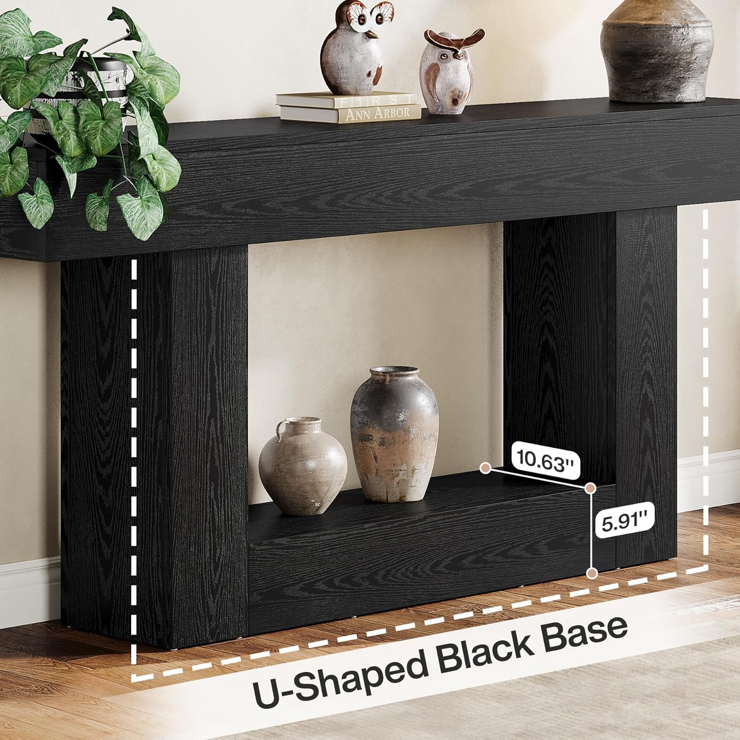 63" Farmhouse 2-Tier Console Table, U-Shaped Base Entryway Table, Narrow Wood Sofa Table Behind Couch for Living Room & Hallway (Black)