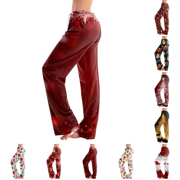 UDAUDU Christmas Pajamas Pants for Women Comfort Xmas Print Lounge Pants Elastic Waist Casual Palazzo Pants S