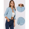 thumbnail image 2 of Chaqueta corta de mezclilla para mujer, cuello redondo, mangas 3/4, chaqueta vaquera informal deshilachada Azul claro S, 2 of 6