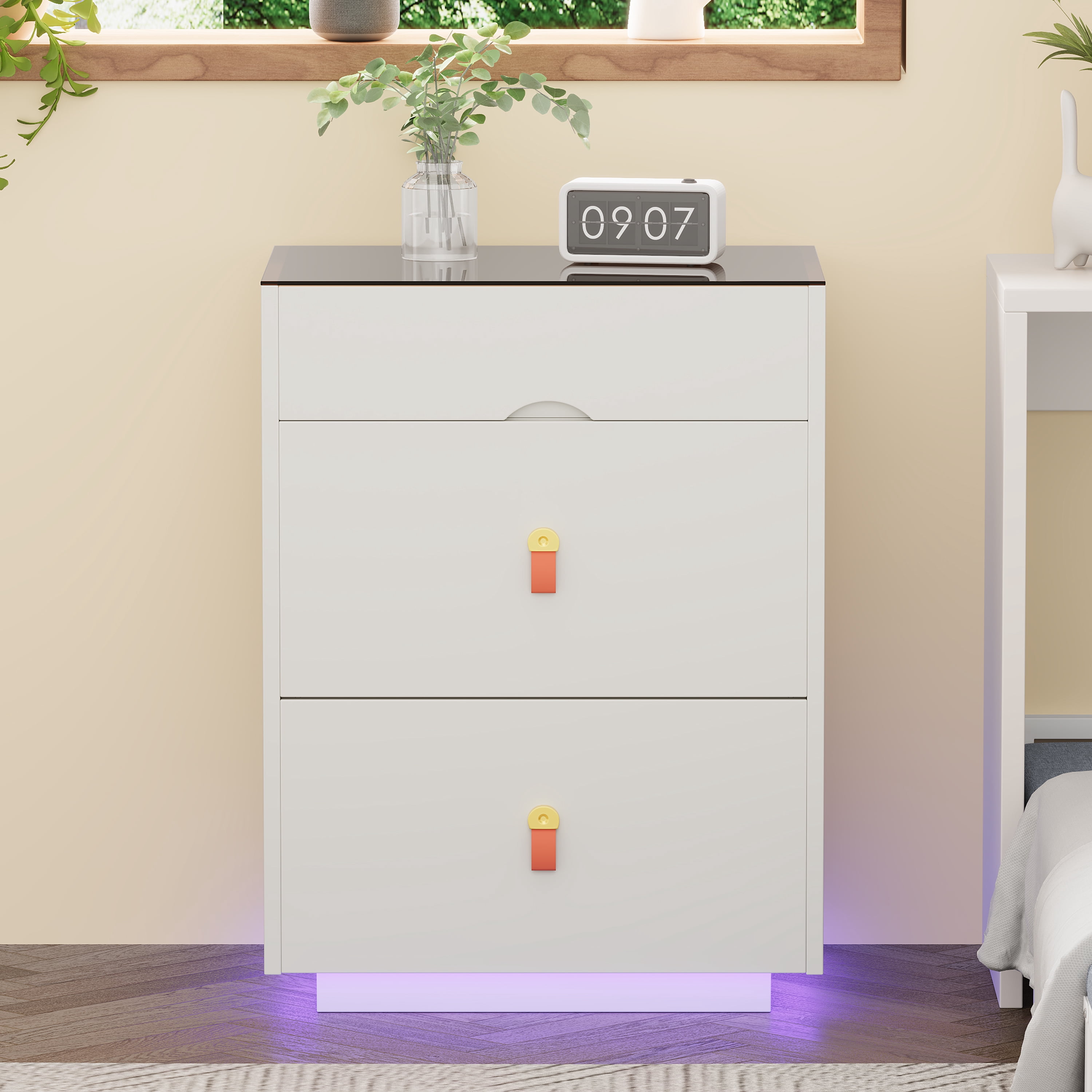 Aukfa 3 Drawer Dresser, Bedside Table Nightstand w/Glass Top Jewelry Storage LED Light for Cloakroom/Bedroom/Livingroom,White