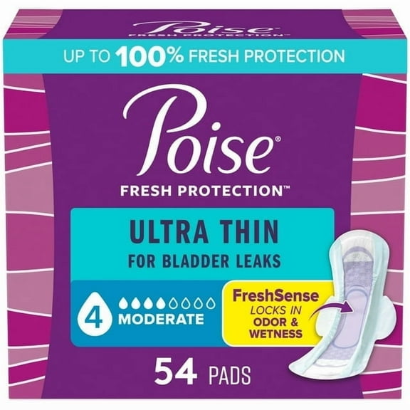 (2pack) Poise Ultra Thin Incontinence Pads with Wings, 4 Drop Moderate Absorbency, 54 Count