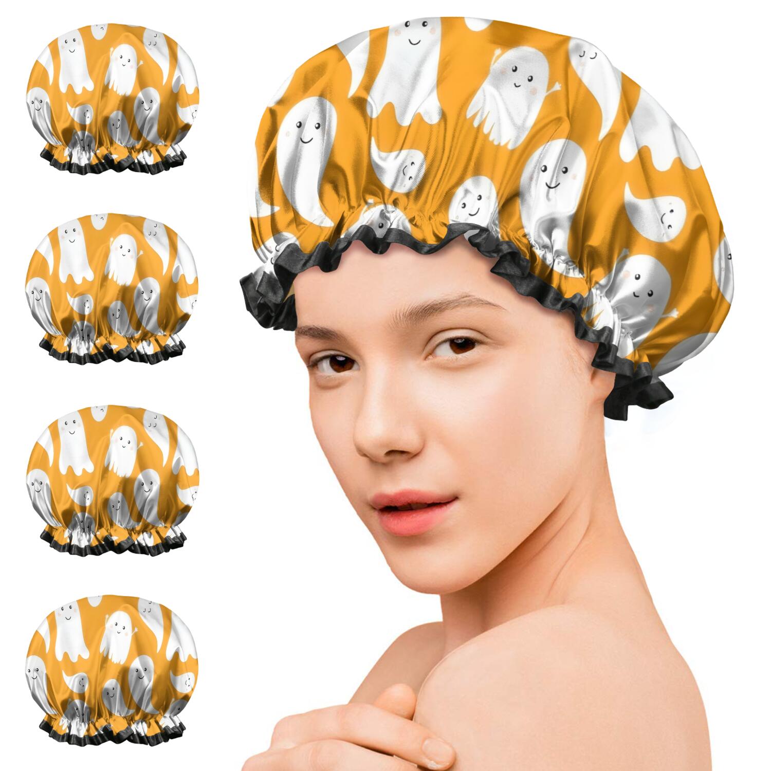 Shower Caps,Orange Halloween Ghosts Waterproof Shower Cap for Women 4 Pieces,Double Reusable Hair Cover for Shower PEVA Elastic Stretch Hem