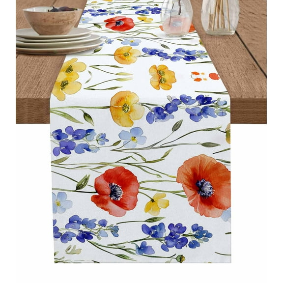 Table Runner Dresser Scarf 13 x 120 Inch Spring Floral Red Yellow Poppy Flower Blue Delphinium Table Runners Non-Slip Heat Kitchen Dining Table Decor for Indoor Outdoor Home Party Decoration