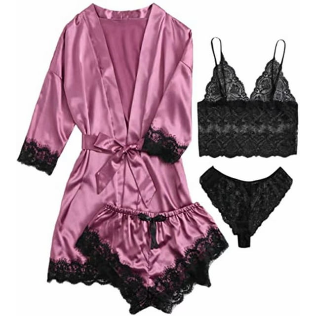 Pyjama pour Femmes 4 Pcs avec Garniture en Dentelle Florale, Ensemble de Pyjama en Satin avec Robe Violette 4 Pcs TTG
