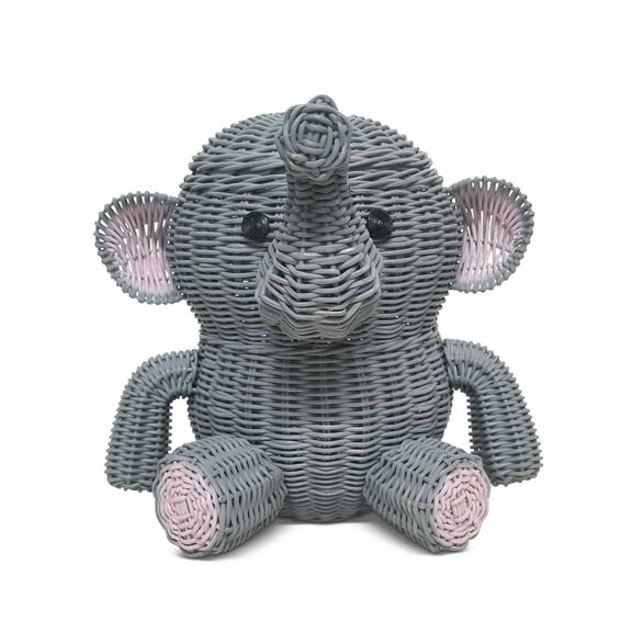 Large Gray Elephant Rattan Storage Basket With Lid Hand Woven Shelf Organizer Handmade Gift Wicker