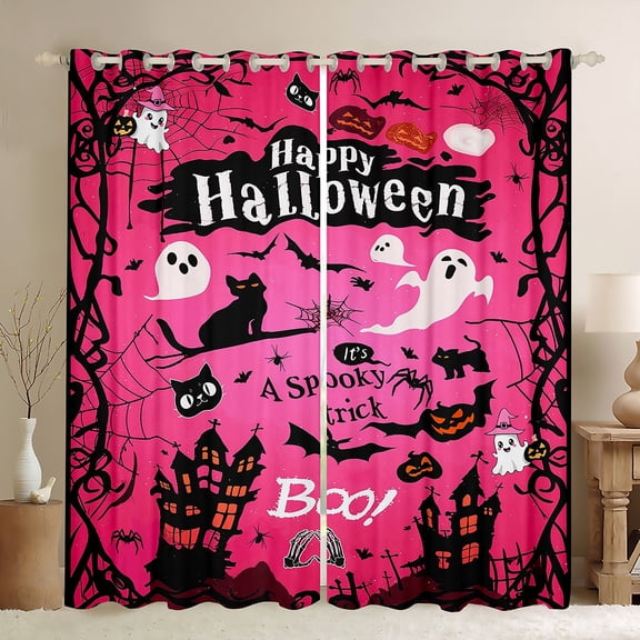 Manfei Horror Ghost Child Black Out Curtains, Spooky Trick Cat Curtains Pack of 2 (42x63 Each), Cartoon Pink Halloween Bedroom Curtains, Black Out Curtains Home Decor
