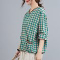 thumbnail image 3 of Blusa suelta para mujer Estampado a cuadros Tejido con cuello en v Bolsillos de manga larga MABOTO Verde, 3 of 7