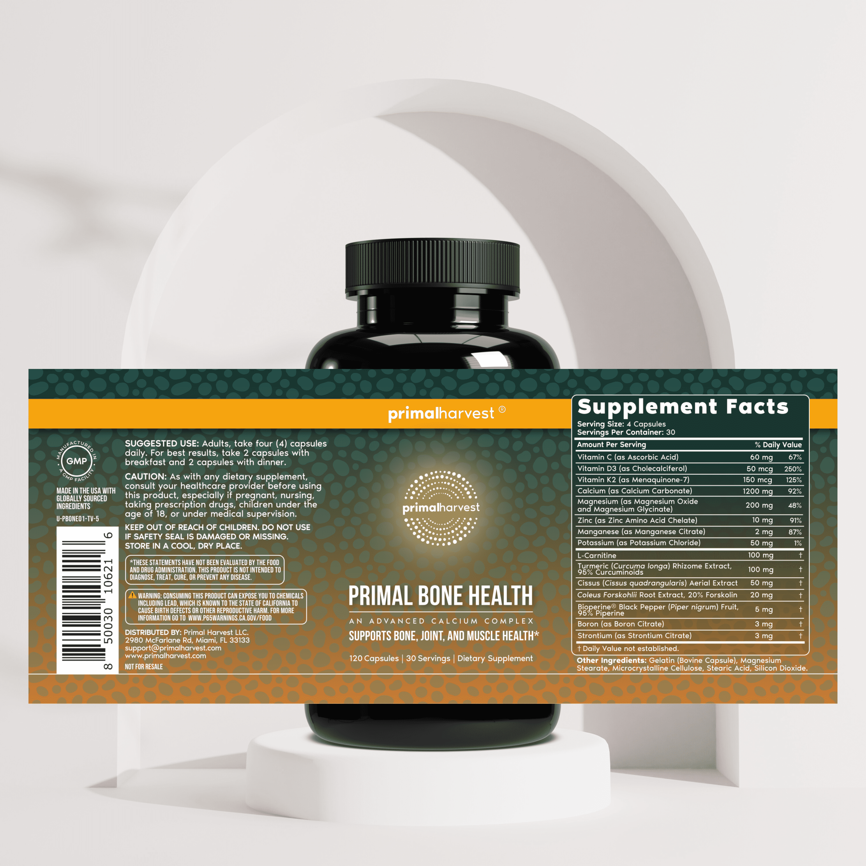 Primal Harvest Primal Bone Health Calcium Complex Capsules for Musculoskeletal Flexibility, 120 Count