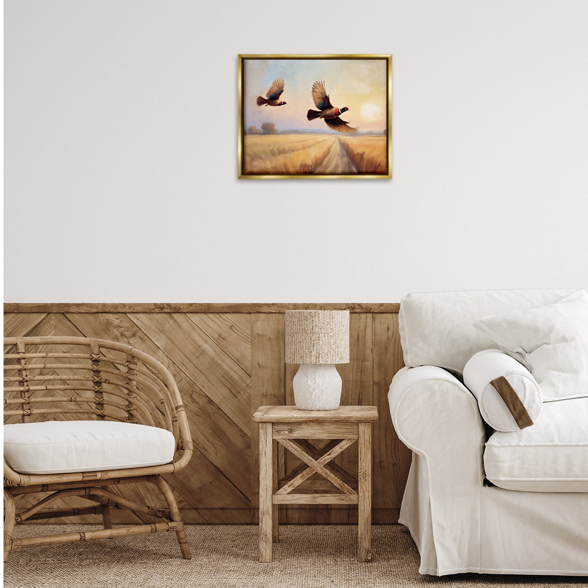 Stupell Industries Fall Flight Pheasants Landscape & Nature Painting Gold Floater Framed Canvas Art Print Wall Art, 21 x 17