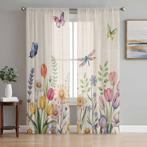 Wildflowers Sheer Curtains 63 Inch Length 2 Panels Set Window Treatments, Spring Vintage Tulip Butterfly Floral Leaf Rod Pocket Semi Curtains for Living Room/Bedroom/Kitchen Décor, 104"W x 63"L
