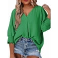 thumbnail image 2 of Women Blouses Dressy Casual V Neck 3/4 Length Sleeve Womens Tops with Smocked Cuffs Green L, 2 of 7
