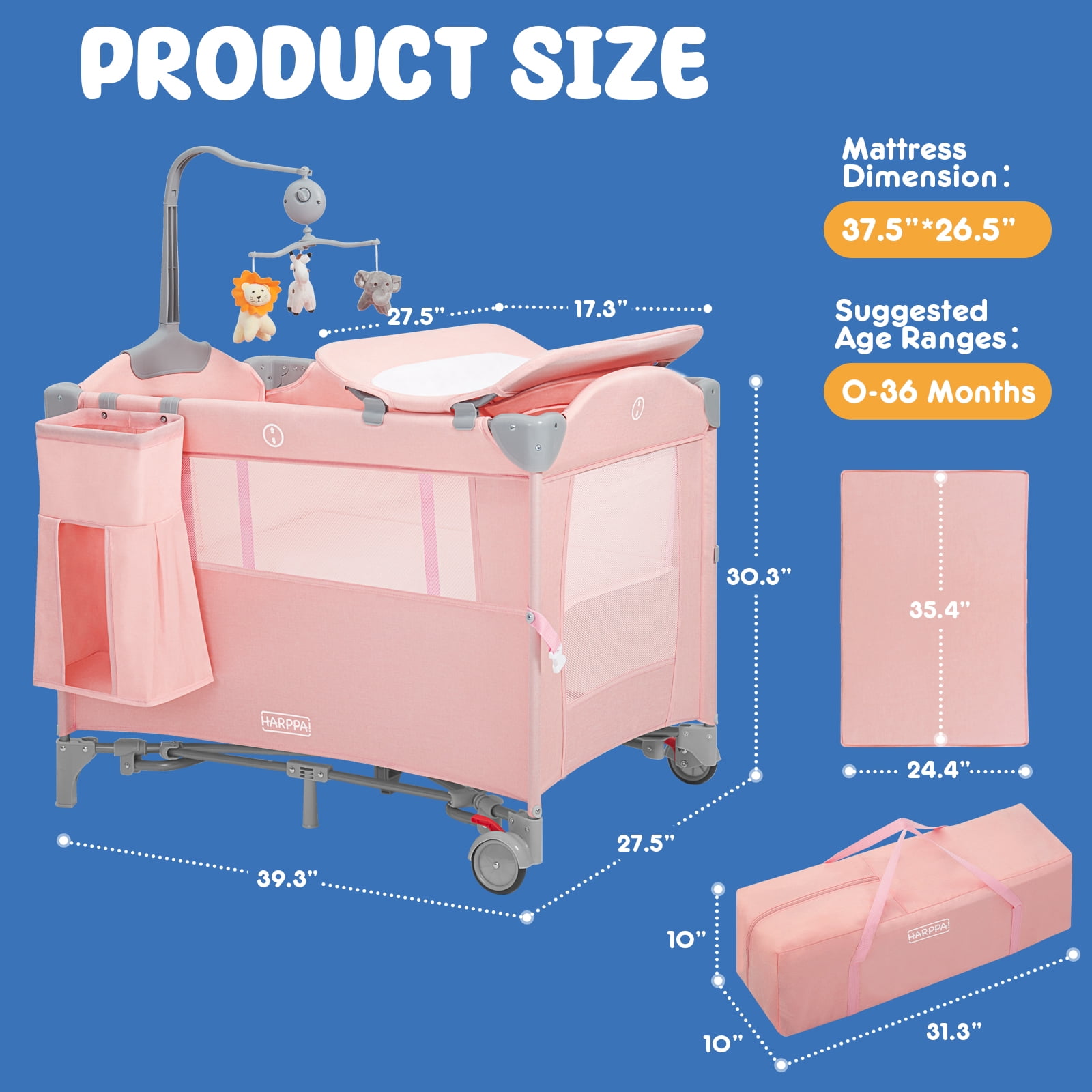 HARPPA 5 in 1 Portable Playard and Bassinet for Girl from