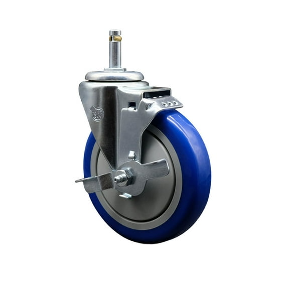 5 Inch Blue Polyurethane Wheel Swivel 7/16 Inch Grip Ring Stem Caster with Brake