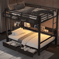 thumbnail image 3 of Full over Full Bunk Bed with Storage Shelves & Drawers, Multifunctional Metal Bunk Bed with USB Ports & LED Lights, Convertible Lower Bed to Sofa for Space Saving, Black, 3 of 15