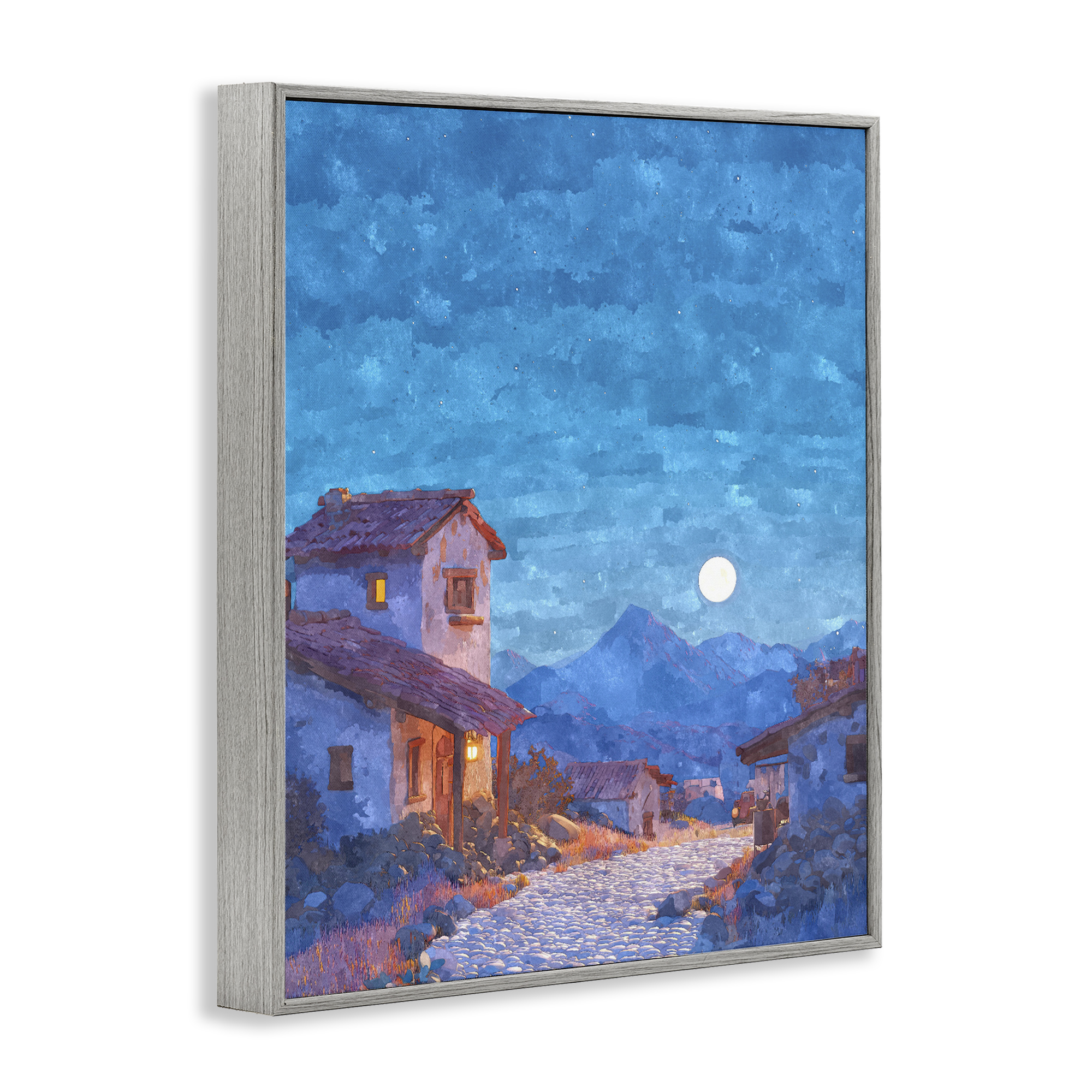 Moon over Quiet Town Gray Framed Giclee Art, design by Ziwei Li