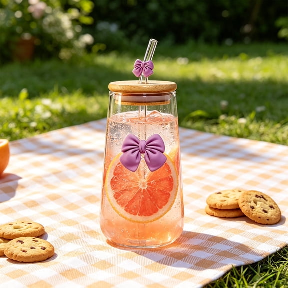 Dvumao 15oz Glass Tumbler with Lid & Straw, Butterfly Decoration Water Cup for Cold Drinks & Beverage, Office & Home
