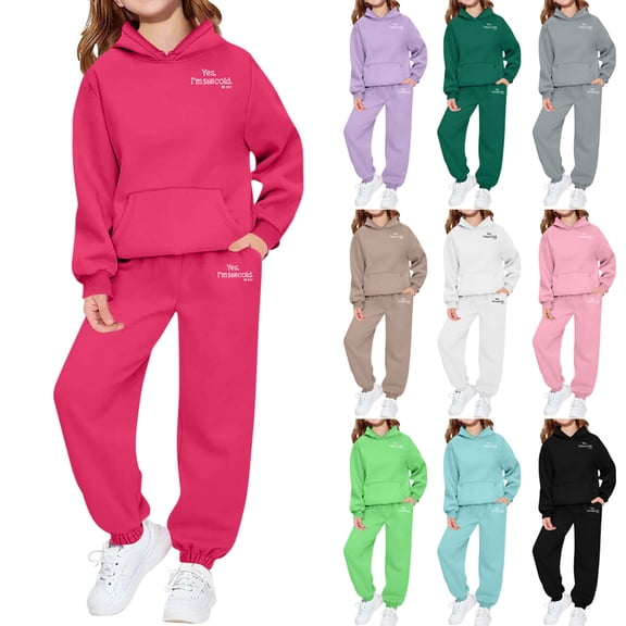 WAVSUF Girls Hoodie Outfit Sets Long Sleeve Sweatshirt and Jogger Pants Winter Comfort Clothes 2 Piece Hot Pink 7-8