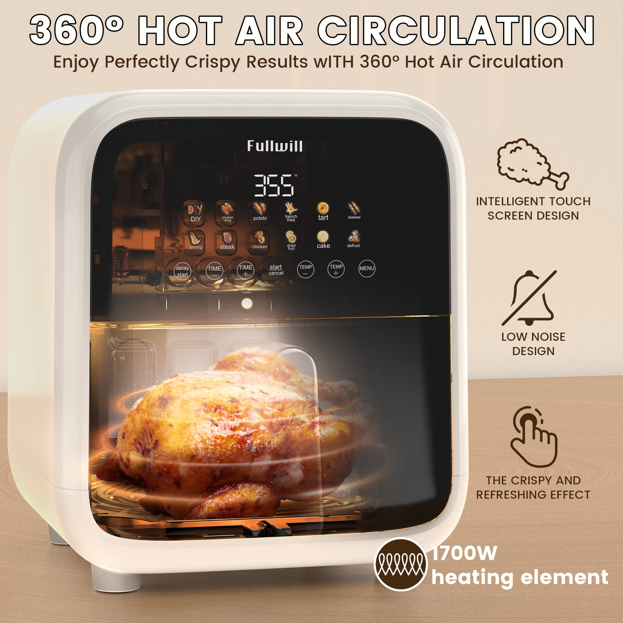 Fullwill Air Fryer with Visible Window, 7.5QT,12-in-1 Multi-Function Air Fry,Roast,Bake, Dehydrate, Fries,Nonstick and Dishwasher-Safe Basket,Family&friends Party,1700W,Creamy White