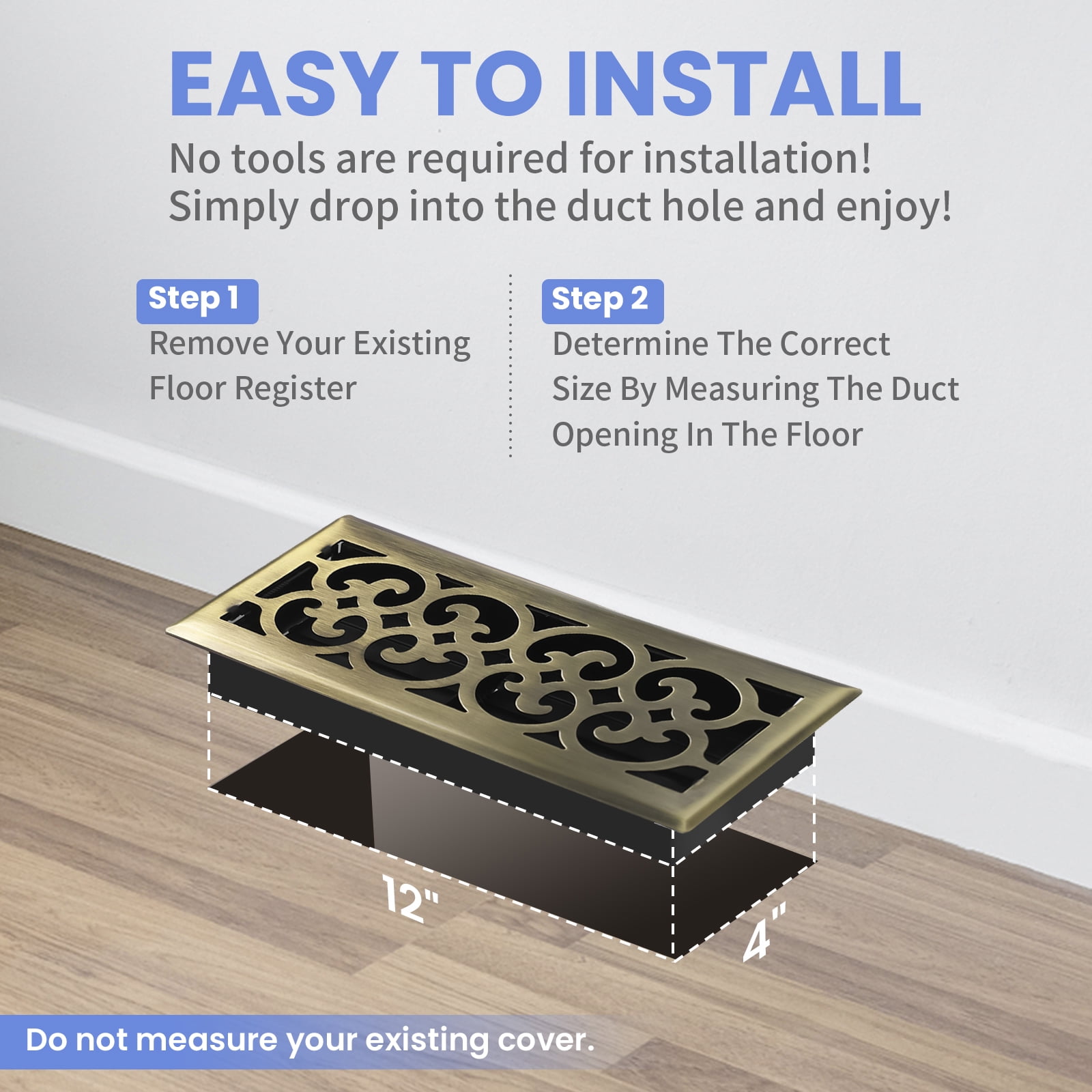 4x12 Inches Heavy Duty Walkable Floor Register Easy Adjust Air Supply Lever Vents - Charlotte Design - Vent Cover for Home Floor - Antique Brass