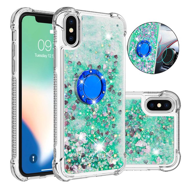 Funda para iPhone X/iPhone XS con Brillo Líquido Flotante, Purpurina, Parachoques y Anillo Giratorio Soporte