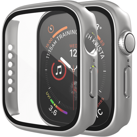 2 Pack case for Apple Watch Series 7 45mm Screen Protector with Tempered Glass, Hard PC HD Full Cover Protective iwatch S7 - Matte Silver