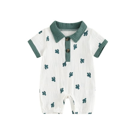 

Drnokyasn Baby Boy Jumpsuit Summer Short Sleeve Lapel Collar Graphic Print Romper Newborn Playsuit