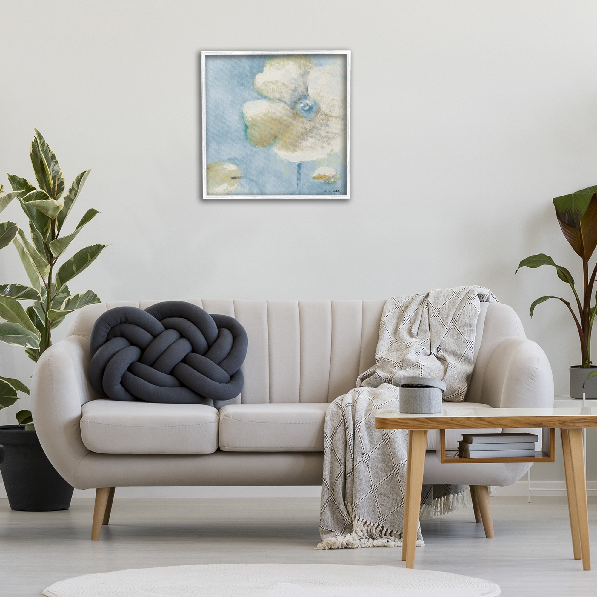 Stupell Industries White Blossom on Blue Botanical & Floral Painting White Framed Art Print Wall Art, 24 x 24