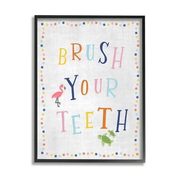 Stupell Industries Brush Your Teeth Bathroom Sign Playful Flamingo Turtle Typography Painting Black Framed Art Print Wall Art, 16 x 20