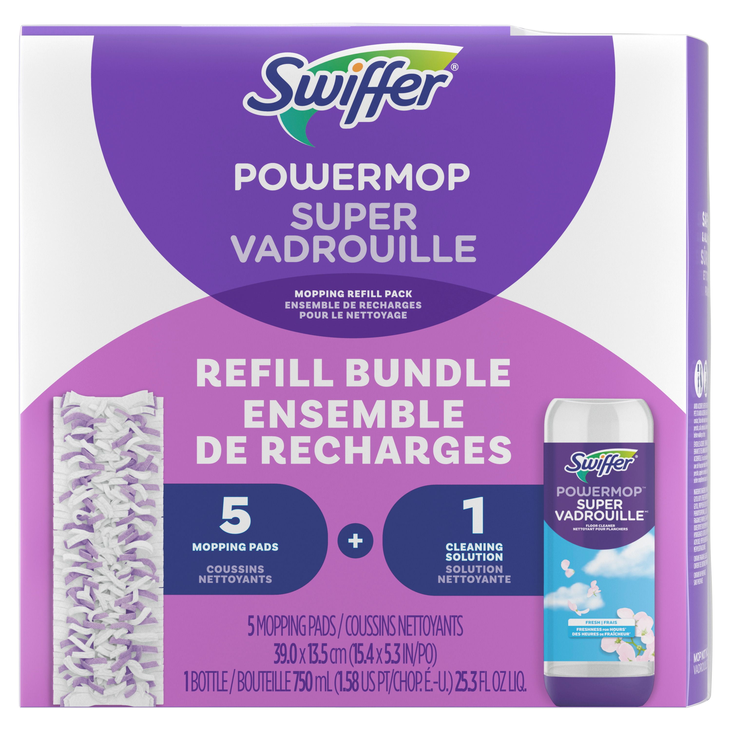 Swiffer Power Mop Refill Pack, Tile, Laminate, Wood, Floor Cleaner, 5 Pads + 1 Fresh Solution, 0 Kit
