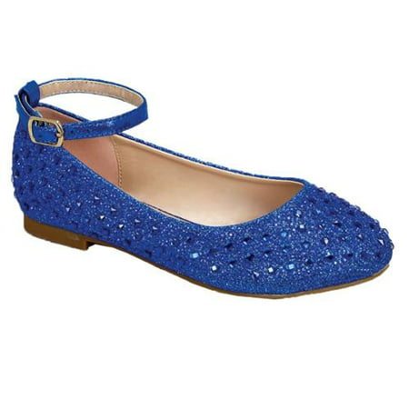 Girls Royal Blue Glittery Bejeweled Ankle Buckle Strap Dress Shoes 11-3