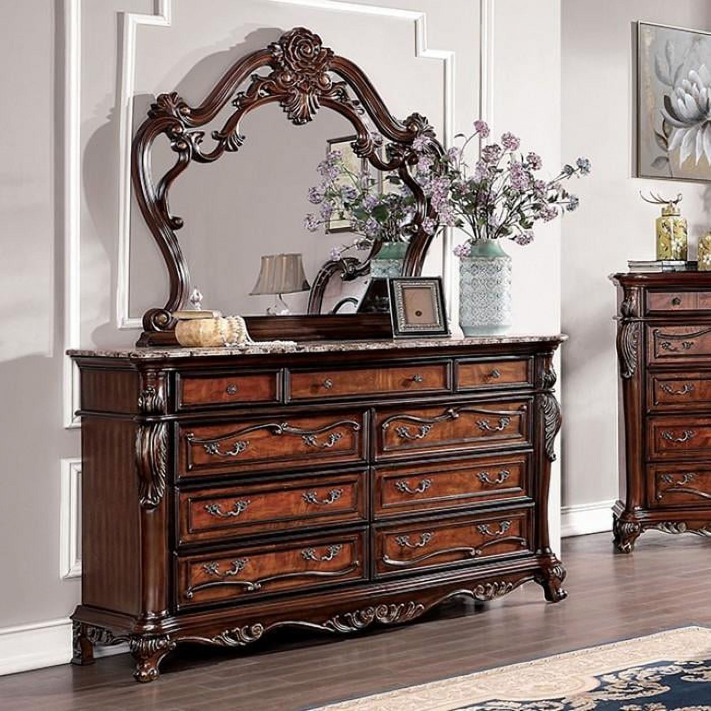 Cherry Oak Carved Wood Dresser With Mirror Set 2Pcs B7189 Cherry Oak Carved Wood Dresser With Mirror Set 2Pcs B7189