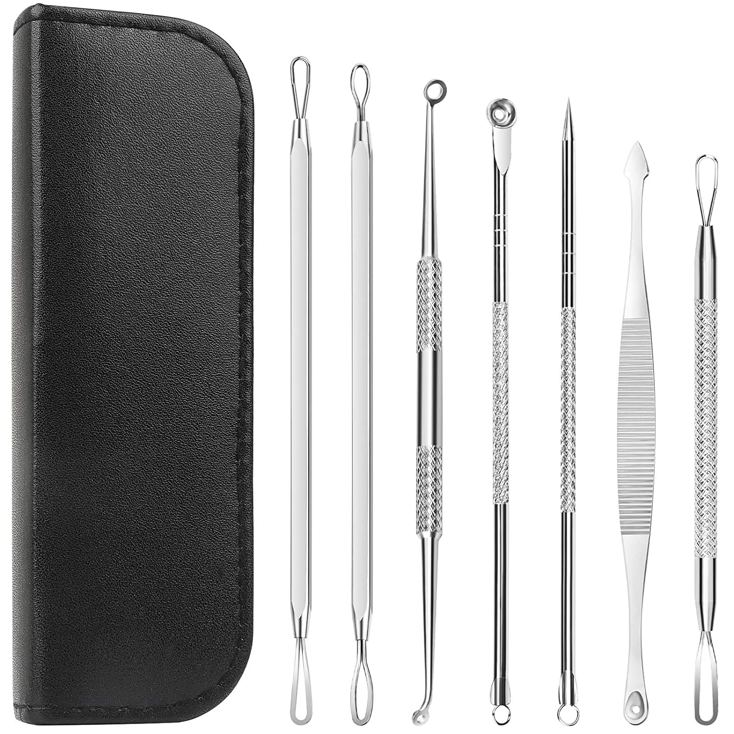 7 PCS Blackhead Remover Comedones Extractor Acne Removal Kit for Blemish, Whitehead Popping, Zit Removing for Nose Face Tools with a Leather bag(black)