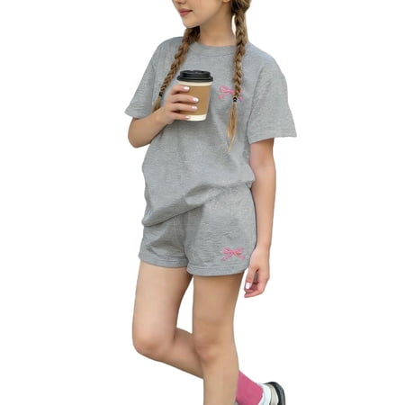 HAOTAGS Girls Summer Outfit Sets Round Neck Printed Tee and Shorts Academic Style Causal 2-Piece Clothe Gray 13-14T